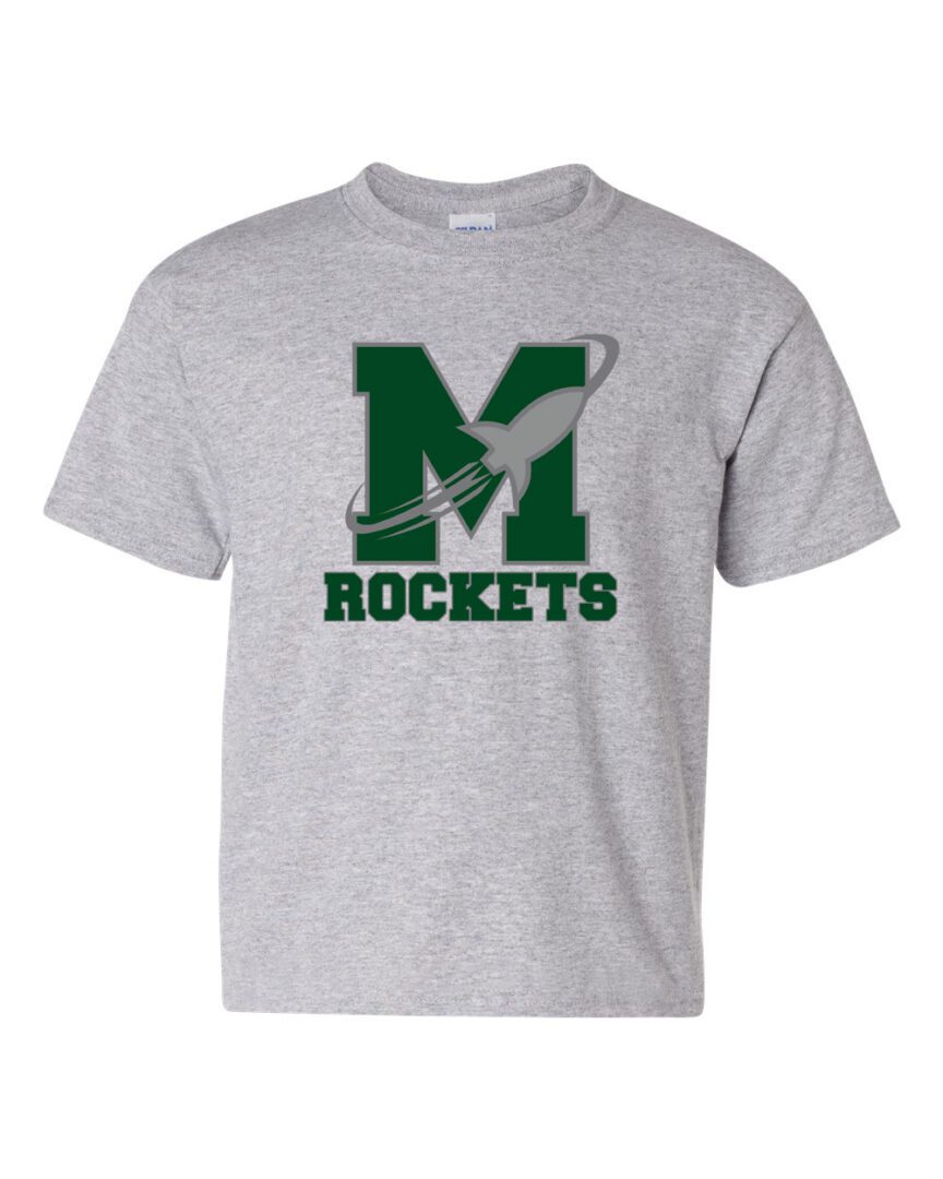 A gray t-shirt with the letter m and the name of the team.