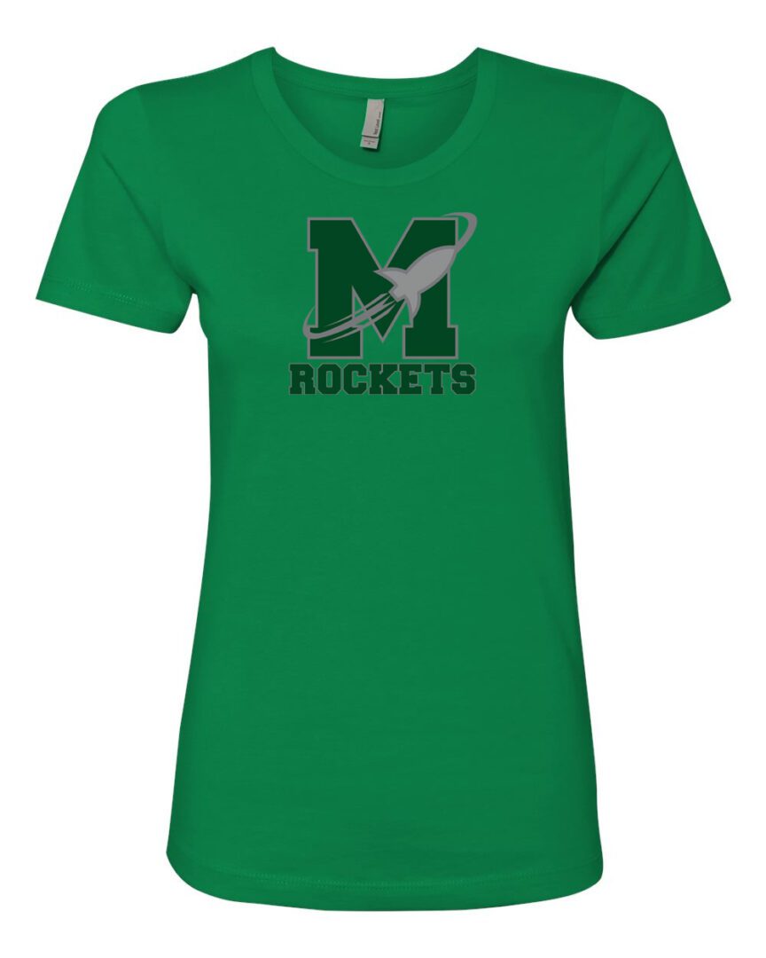 A green shirt with the letter m and rockets on it.