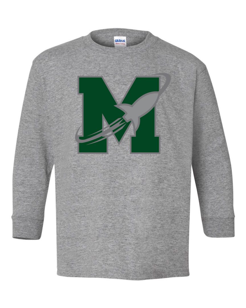 A gray long sleeve shirt with the letter m and an image of a bird.