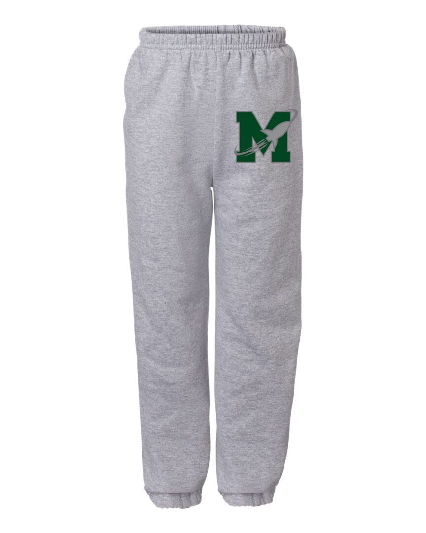 A pair of sweatpants with the letter m on it.